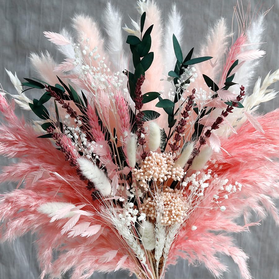 Pink Pampas Grass Dried Flowers Bouquet for Home Decor, Wedding Decor, Boho Style Floral Arrangement Without Flower Vase