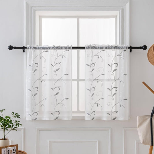 VISIONTEX White Sheer Voile Curtains, Decorative Leaves Embroidery Faux Linen Rod Pocket Window Drapes for Home Kitchen, Living Room and Bedroom 26 x 36 Inch, Set of 2 Curtain Panels