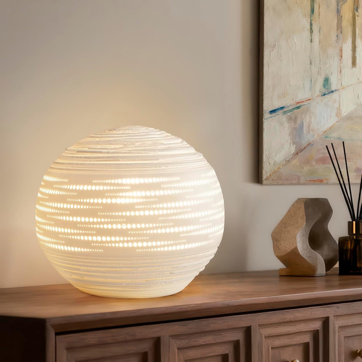 RONDURE 8.7" Modern Ceramic Table Lamp, Modern Bedside Lamps for Bedroom, Living Room and Nightstand, White Translucent Ceramic Shade, Warm Ambient Lighting, Home Decor