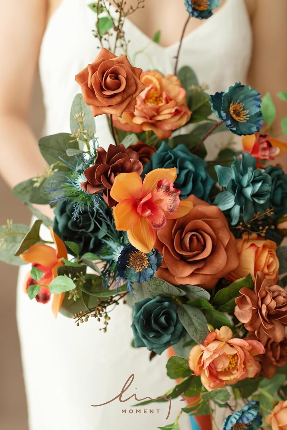 Ling's moment Teal Bridal Bouquet Cascading, Burnt Orange Wedding Bouquets for Bride, 13 Inch Terracotta Rust Fall Artificial Wedding Flower Bouquet