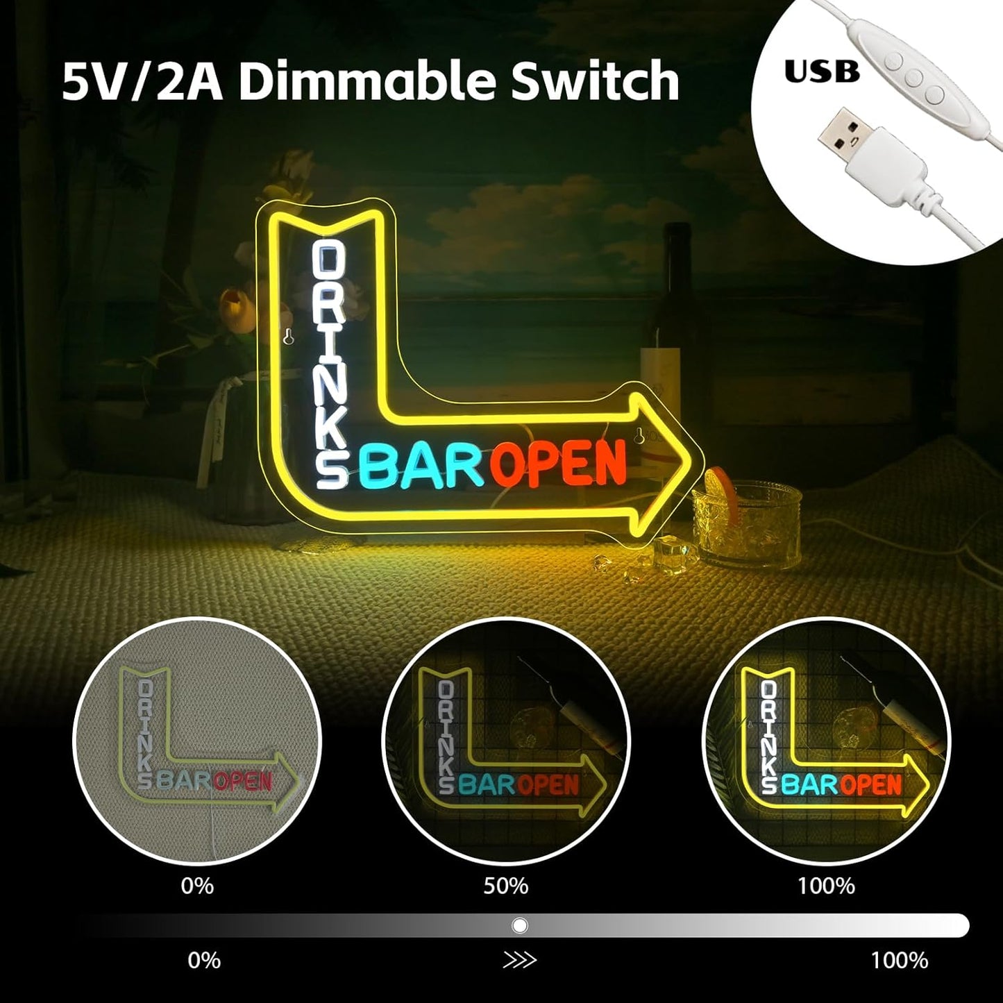 Looklight Drinks Bar Open Neon Sign for Wall Decor Right Arrow LED Light Sign Decoration for Bar Restaurant Man Cave Parties Cart Accessories, Get Your Business Seen Day or Night