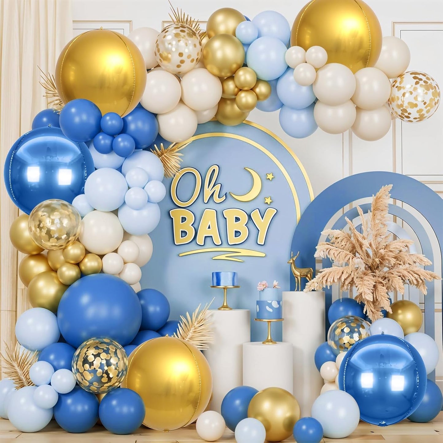 6Pcs Blue Gold Round Foil Balloons,Giant 4D Round Ball Balloon,22 Inch Metallic Blue Gold Balloons for Birthday Wedding Graduation Prom Party Decorations