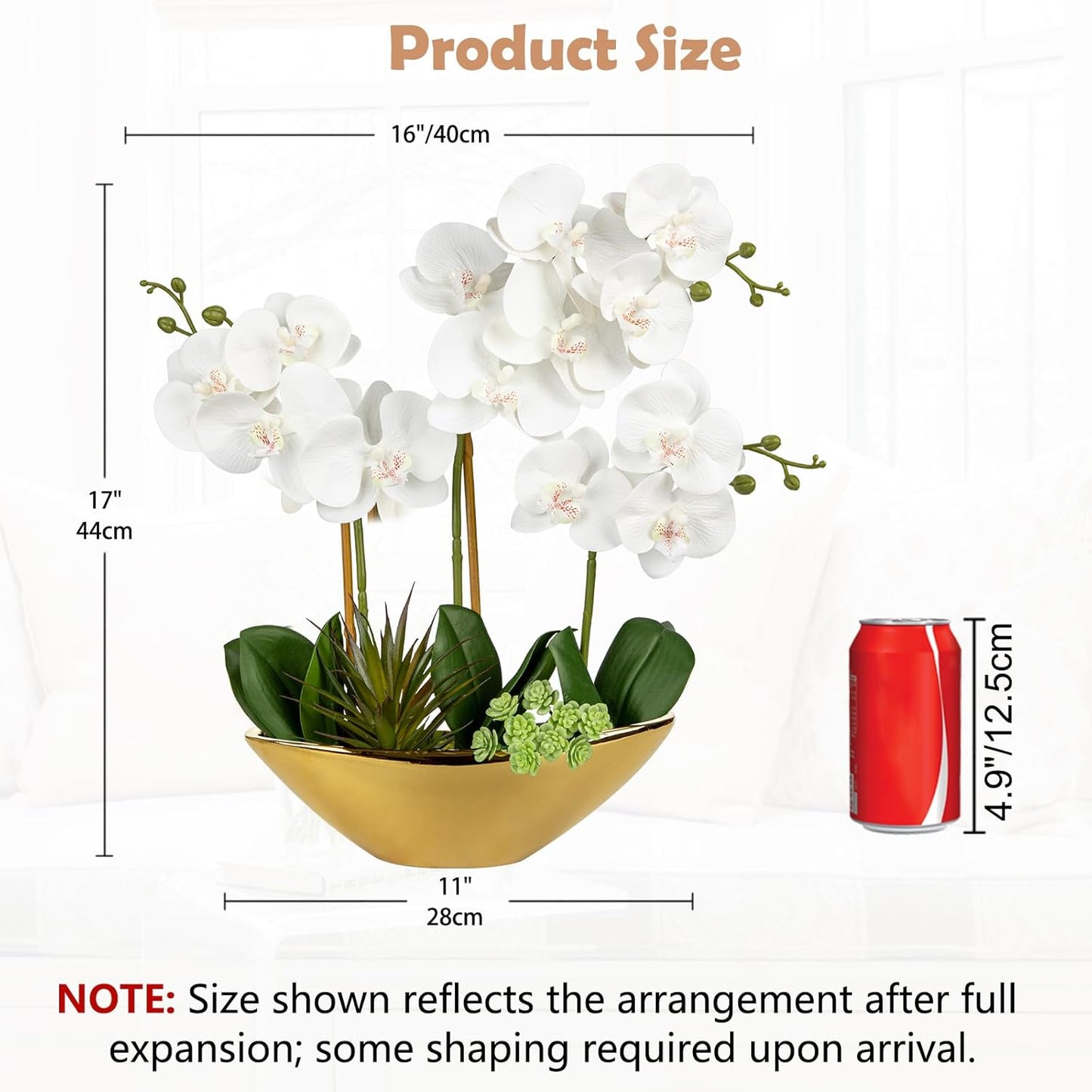Briful Orchid Artificial Flowers 17in White Fake Orchid Silk Flowers with Gold Ceramic Pot Faux Orchid Arrangement for Home Office Room Coffee Table Centerpiece Modern Decoration
