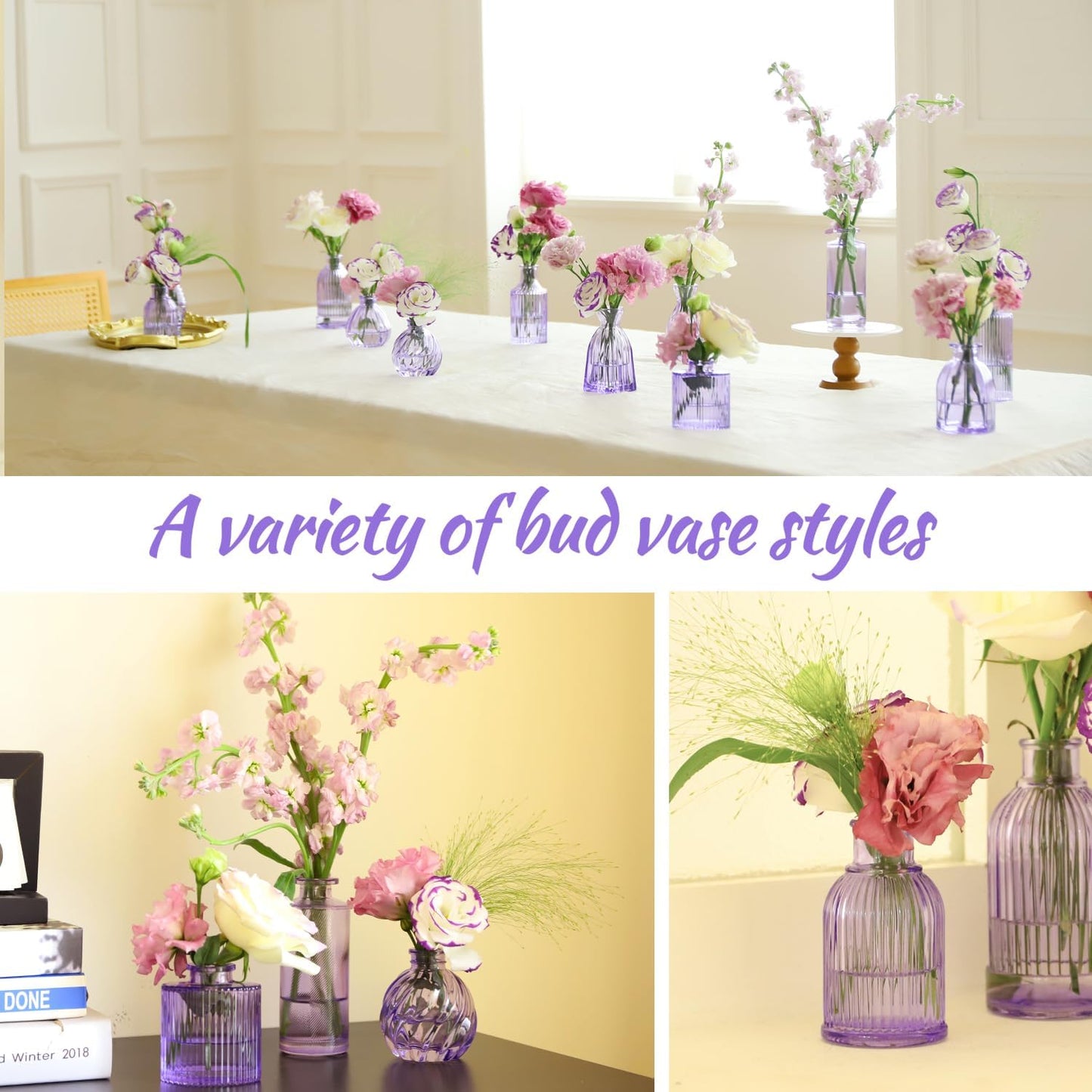 Glass Bud Vases Set of 12, Small Purple Vase Glass Vases for Flowers Modern Ribbed Colored Bud Vase for Decor Wedding Flower Vase in Bulk Vintage Decor Bridal Shower Centerpieces Home Table Decoration