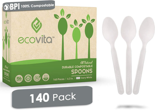 Ecovita 100% Compostable Spoons - 140 Large Disposable Utensils (6.3 in.) Eco Friendly Durable and Heat Resistant Alternative to Plastic Spoons with Convenient Tray