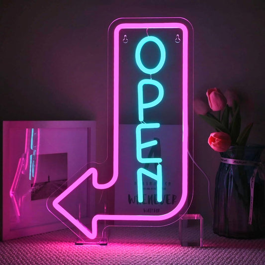 Looklight Open Arrow Neon Sign for Wall Decor Blue Pink LED Light Sign Decoration for Shop Bar Cafe Party Bookstore Supermarket gym, Get Your Business Seen Day or Night