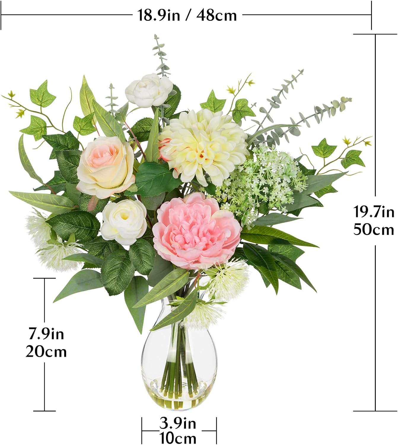 Briful Artificial Floral Arrangement with Faux Water – 19.7” Tall Mixed Peony, Rose, Dahlia & Eucalyptus Fake Flowers in Vase – Faux Flower in Glass Vase for Home Table Centerpiece Decoration