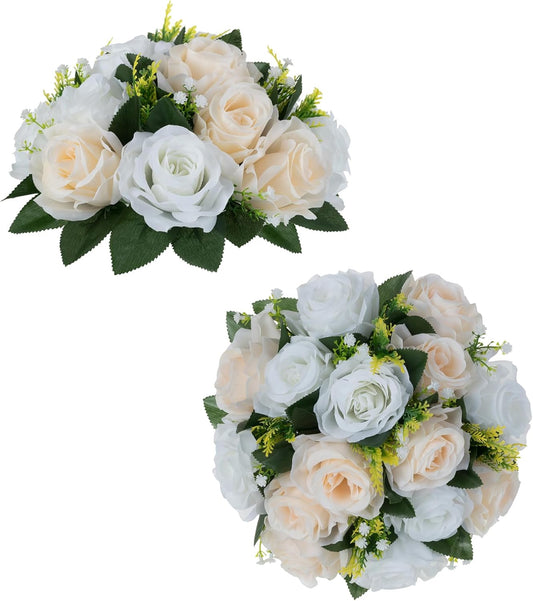 Flower Balls Wedding Rose Centerpieces: 2 Pcs Fake Flowers with Base Kissing Balls Decor Champagne White Artificial Floral Arrangements Flower Bouquet of Roses Home Party Table DIY Decorationss