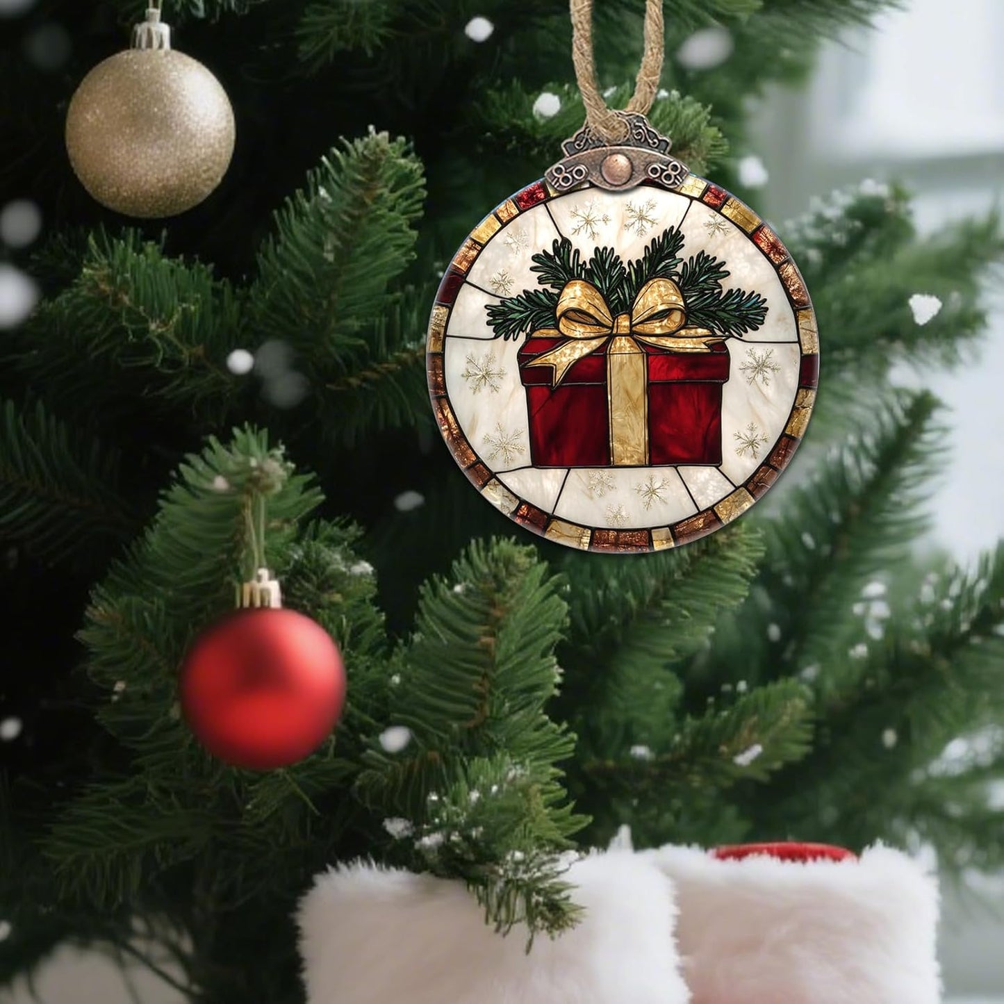 Stained Glass Christmas Decorations, Red Gift with Gold Ribbon Suncatcher for Window Christmas Tree Hanging Ornaments Retro White Sun Catcher Xmas Decor Gifts for Women Men Mom Nana Friend