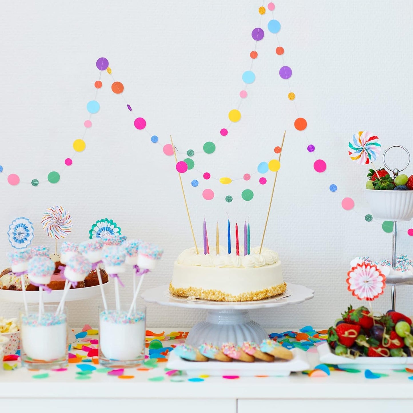 Outus 10 Pieces Colorful Dots Paper Garland Round Glitter Garland Hanging Confetti Streamers Backdrop for Candy Birthday Classroom Halloween Trunk or Treat Car Decoration (Rainbow)