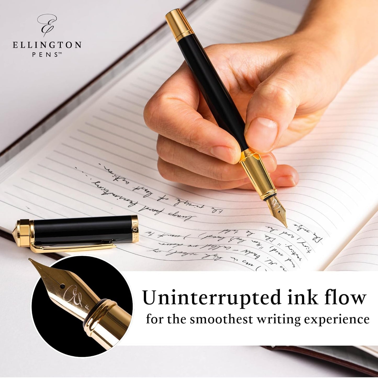 Ellington Pens Luxury Fountain Pen Set- Fountain Pens for Writing - Smooth Fine Nib - Includes Refillable Ink Converter, 3 Ink Cartridges [Black & Blue], Gift Box - Elegant Calligraphy