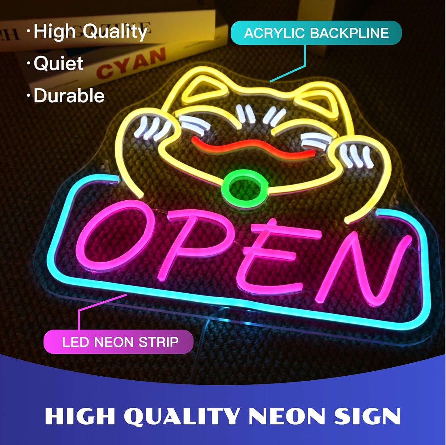 Ineonlife Lucky Cat Open Neon Sign Cute Cat Neon Signs for Wall Decor Dimmable Led Light for Used in Restaurants Ramen Shops Izakaya Sushi Restaurants Shop Decorations Business Opening Gift