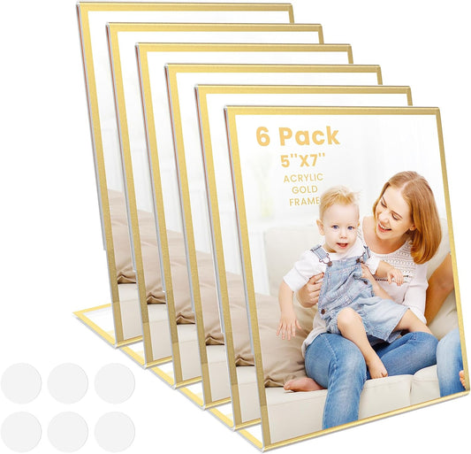 Acrylic Gold Frames 5X7, Slanted Back Gold Picture Frames Table Acrylic Sign Holder for Photos Wedding Table Numbers and Art Display with Removable Clear Sticky Dots，6 Pack