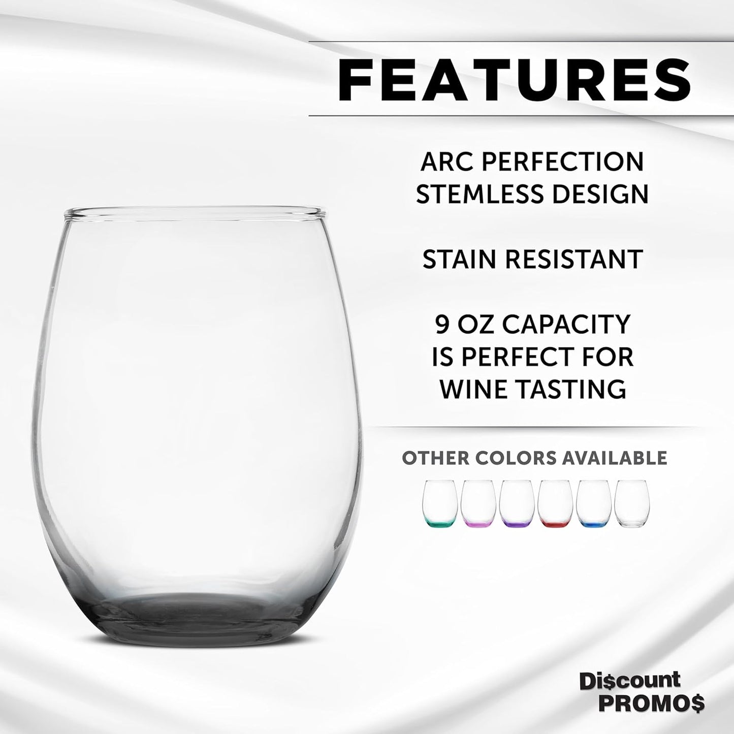 DISCOUNT PROMOS Stemless Wine Glass 9 oz. Set of 10, Bulk Pack - Great for Wedding Favors, Bachelorette Party and More - Black Bottom Color