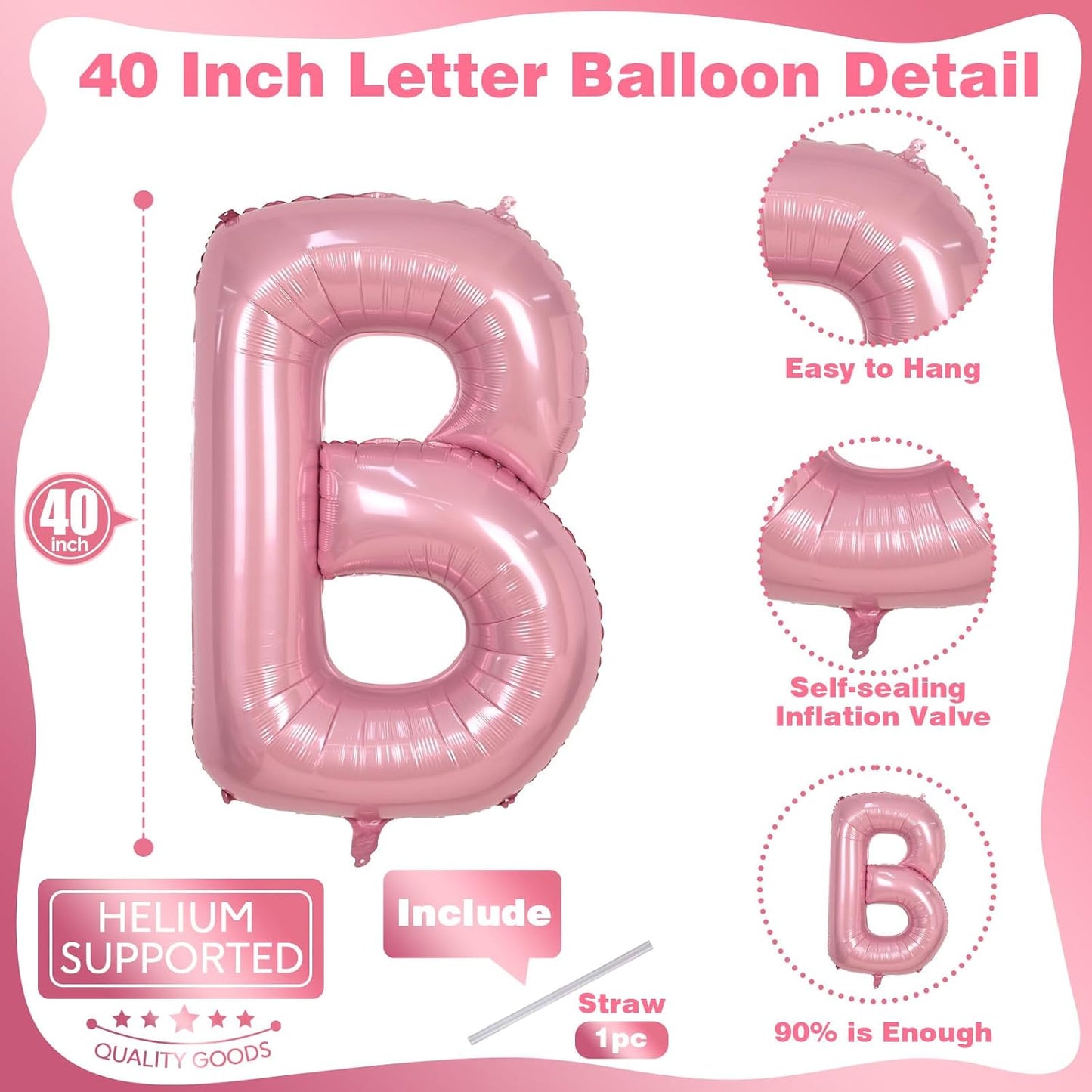 40 Inch Giant Pink Letter Balloon B, Foil Balloon Pastel Pink, Light Pink Helium Alphabet Balloon B Can Form Word OH BABY BRIDE, Mylar Letter Balloon for Women Birthday Party Decoration Supplies