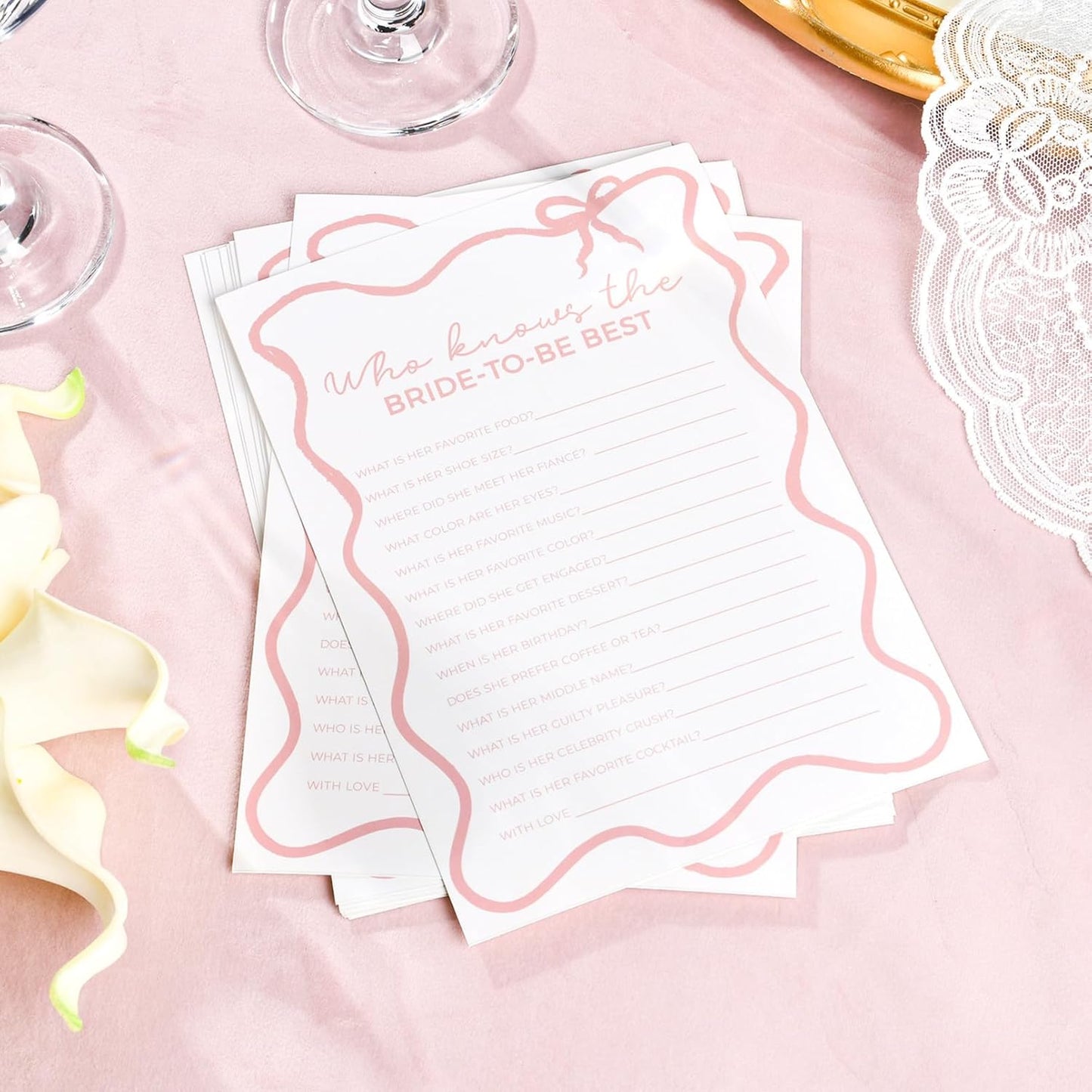 DEEKA 30 PCS Bridal Shower Games Card for 30 Guests White Pink Wavy Border Ribbon Bow Funny Wedding Bachelorette Party Games for Reception (Who Knows The Bride-to-be Best)