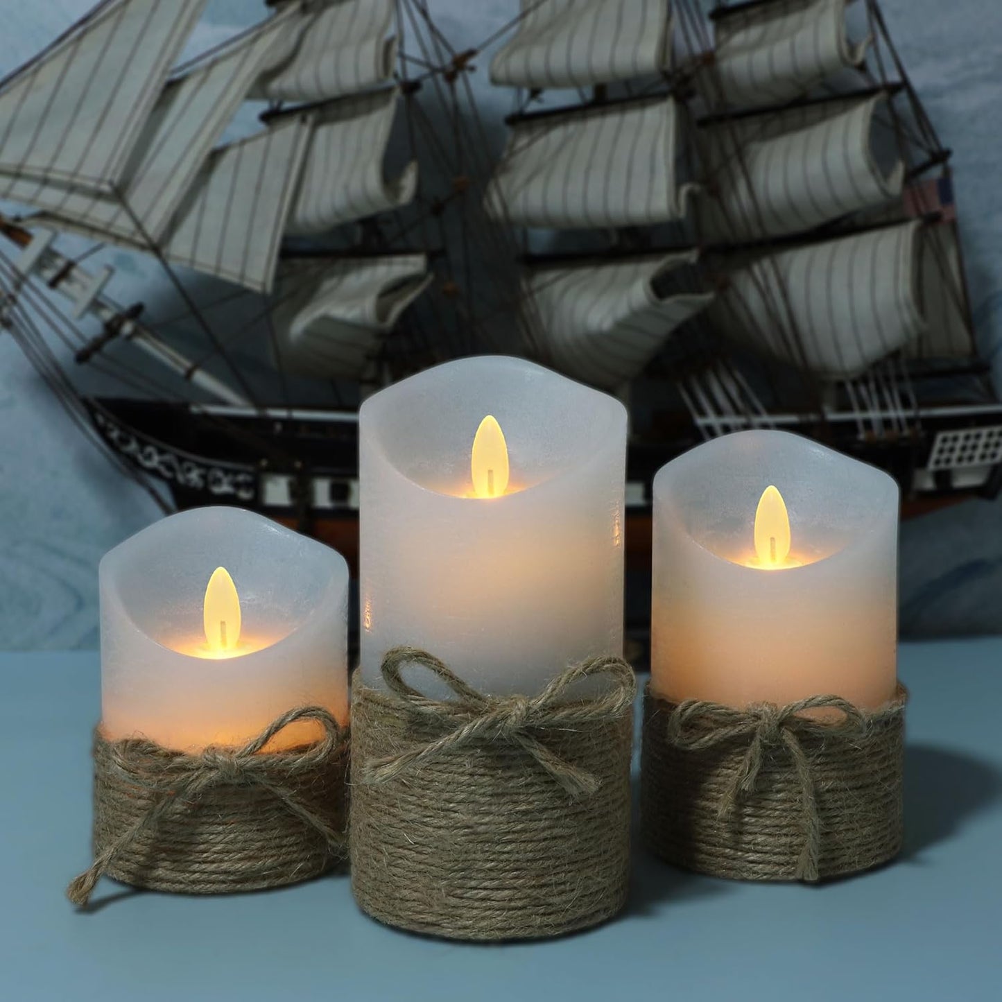 Silverstro Nautical Decor Ocean Blue Flameless Candles - Home Christmas Farmhouse Summer Decorations - Set of 3 (D3.11 X H4 5" 6")