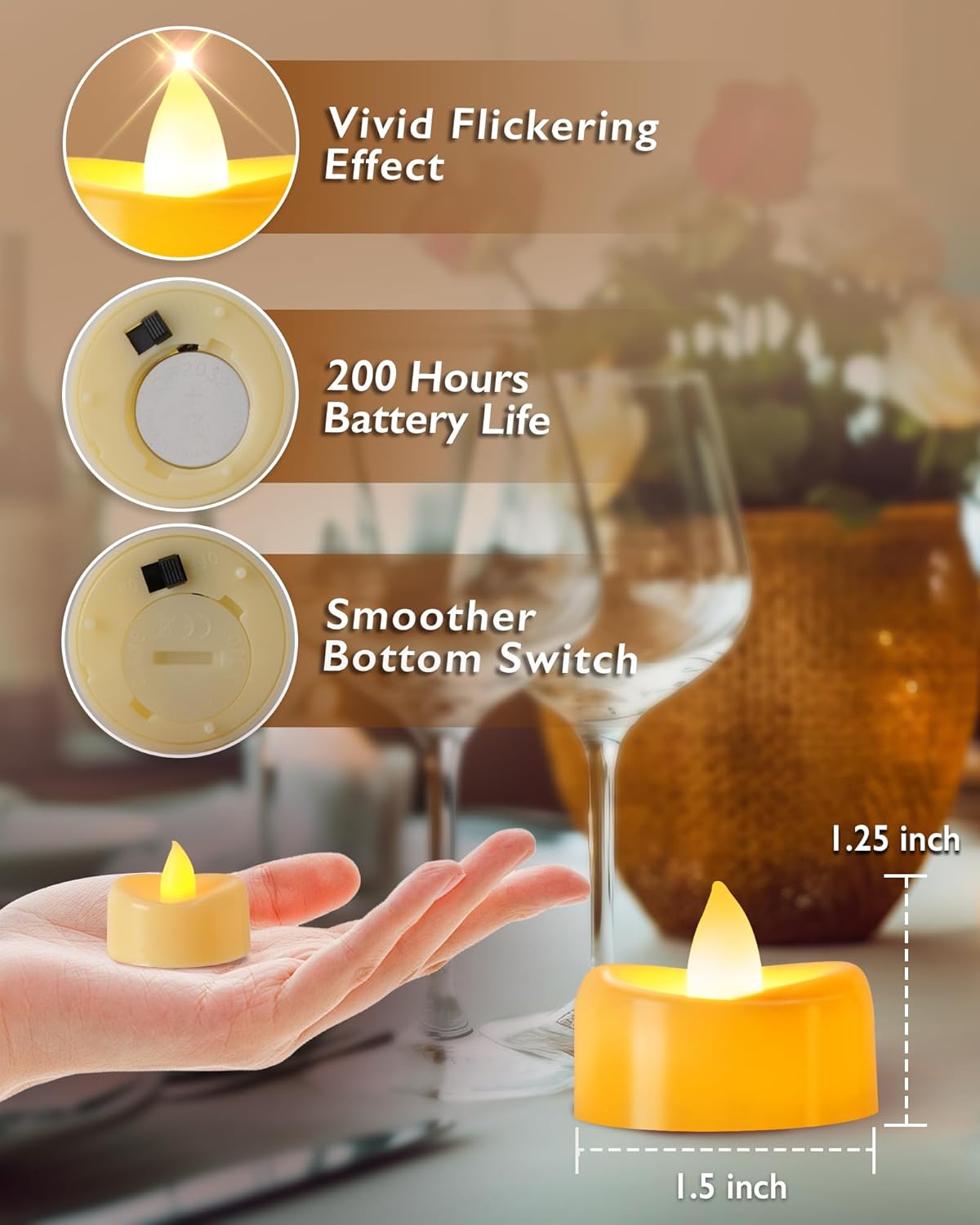 Raycare 24 Pack LED Tea Lights Battery Operated, 200+Hour Flickering Votive Candles, Realistic Fake Flameless TeaLights for Wedding Party Halloween Thanksgiving Christmas Decorations,Ivory Base