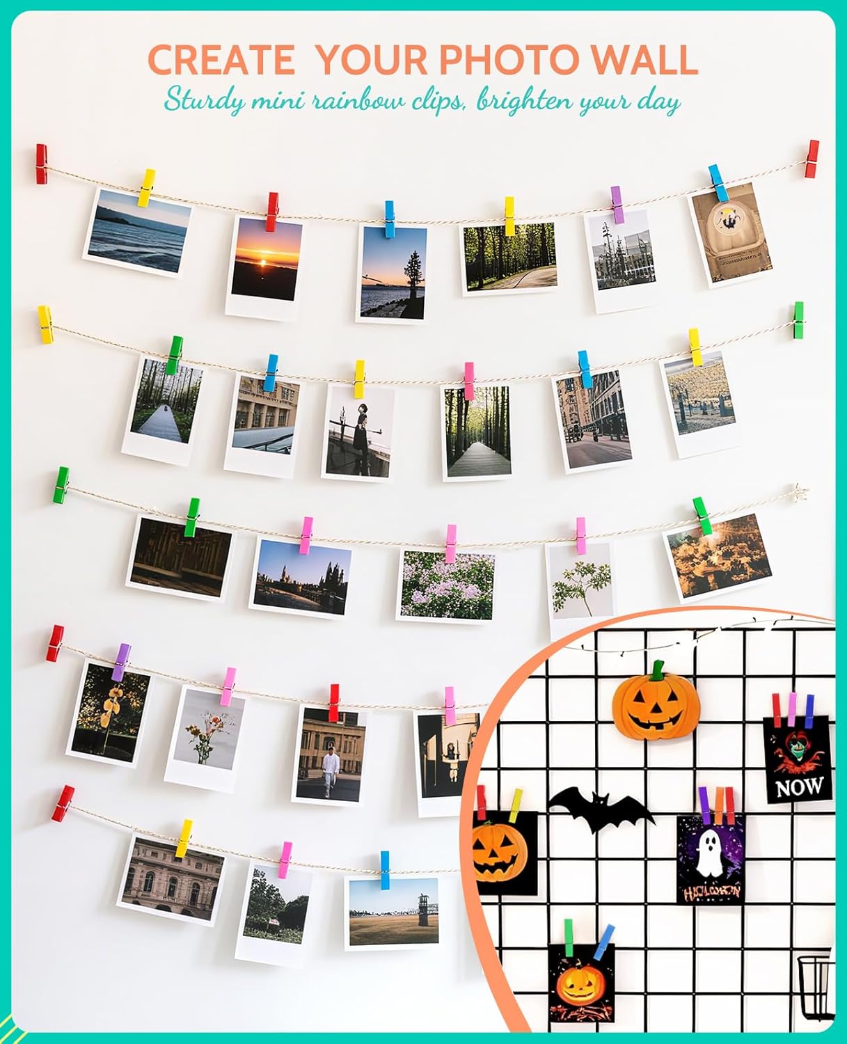 Mini Clothespins, Sopito 100 Pcs 1.4'' Strong Mini Clothespins for Photos with 10 Pcs Washi Tapes and 43 Ft Jute Twine, Colorful Wooden Small Clothes Pins for Picture, Crafts, Baby Shower