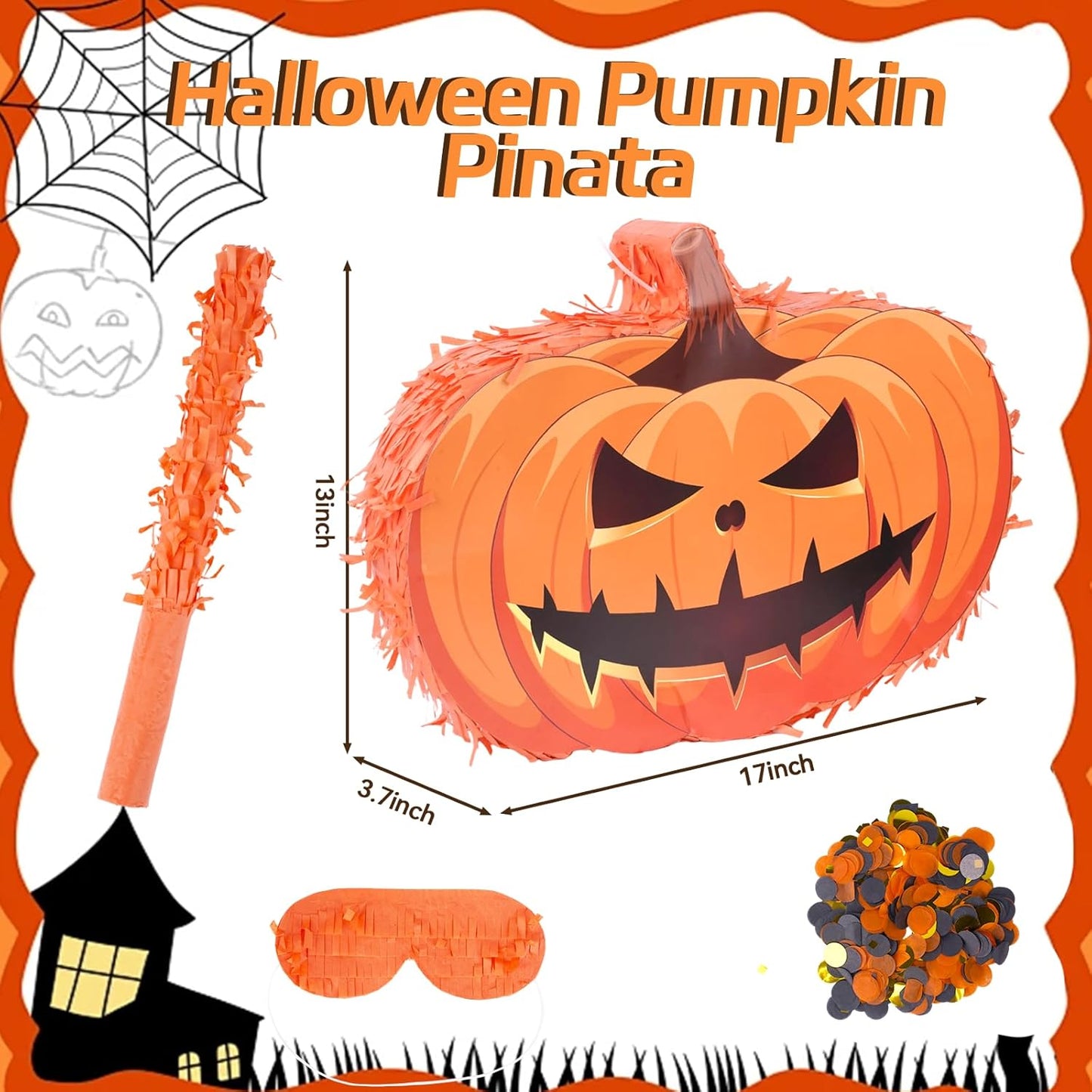 Halloween Pumpkin Pinata, 17"x13"x3.7" Halloween Party Decorations Fun Piñata, Pumpkin Pinata with Stick for Photo Prop, October Birthday, Funny and Spooky