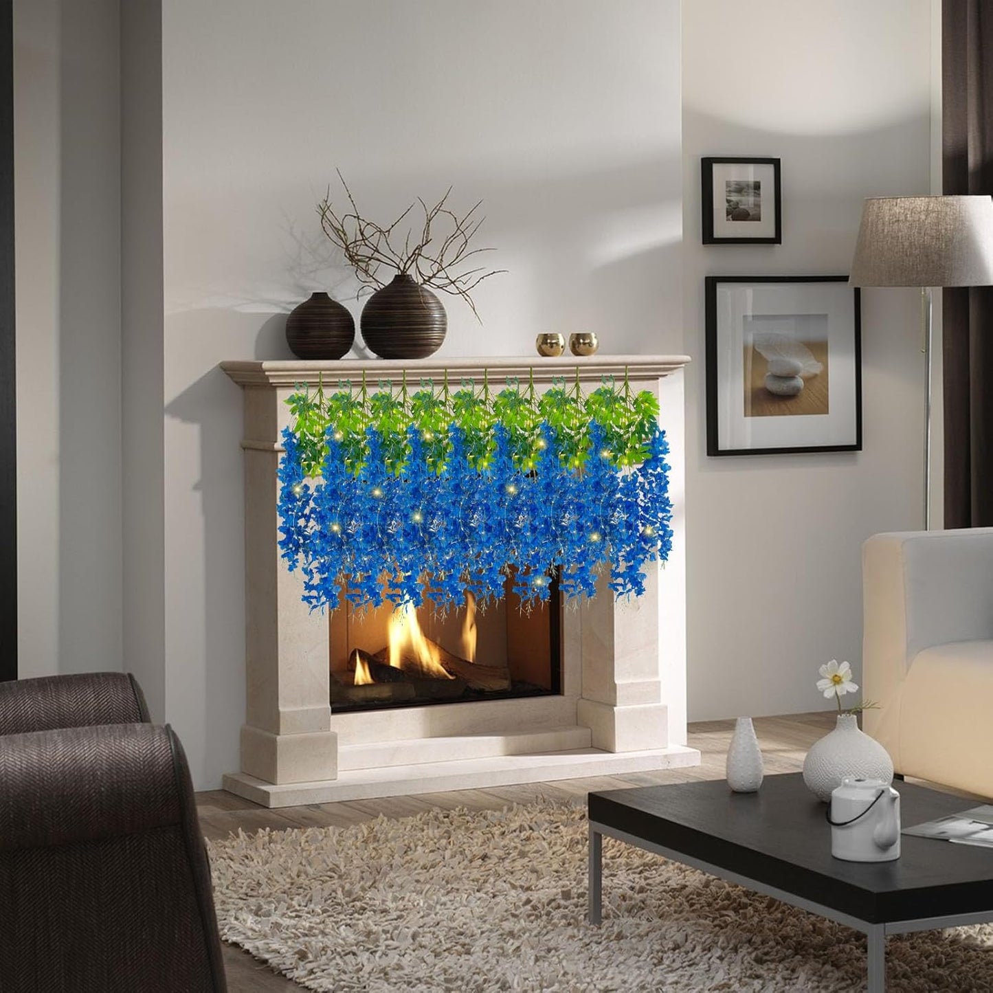 12 Pack Royal Blue Wisteria Hanging Flowers Garland with Lights, 3.44 Feet Artificial Flower Vines, Fake Wisteria, Artificial Vines Hanging Garland for Backdrop Outdoor Patio Garden Decor