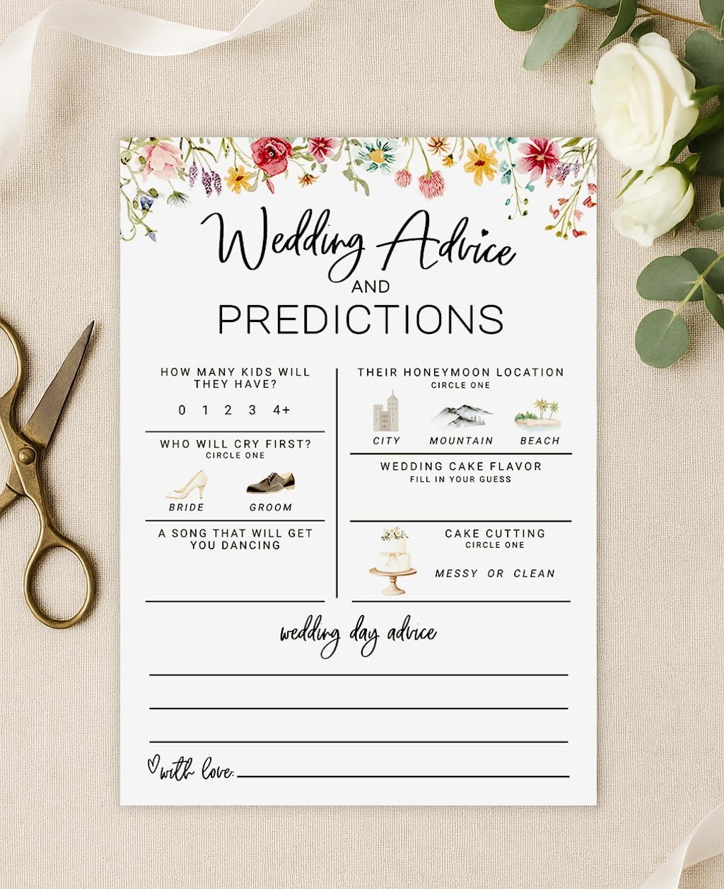 Printed Party Bridal Shower Game – Wedding Prediction Cards for Guests, Fun Advice and Guessing Activity, Wildflower in Bloom Theme, Set of 30