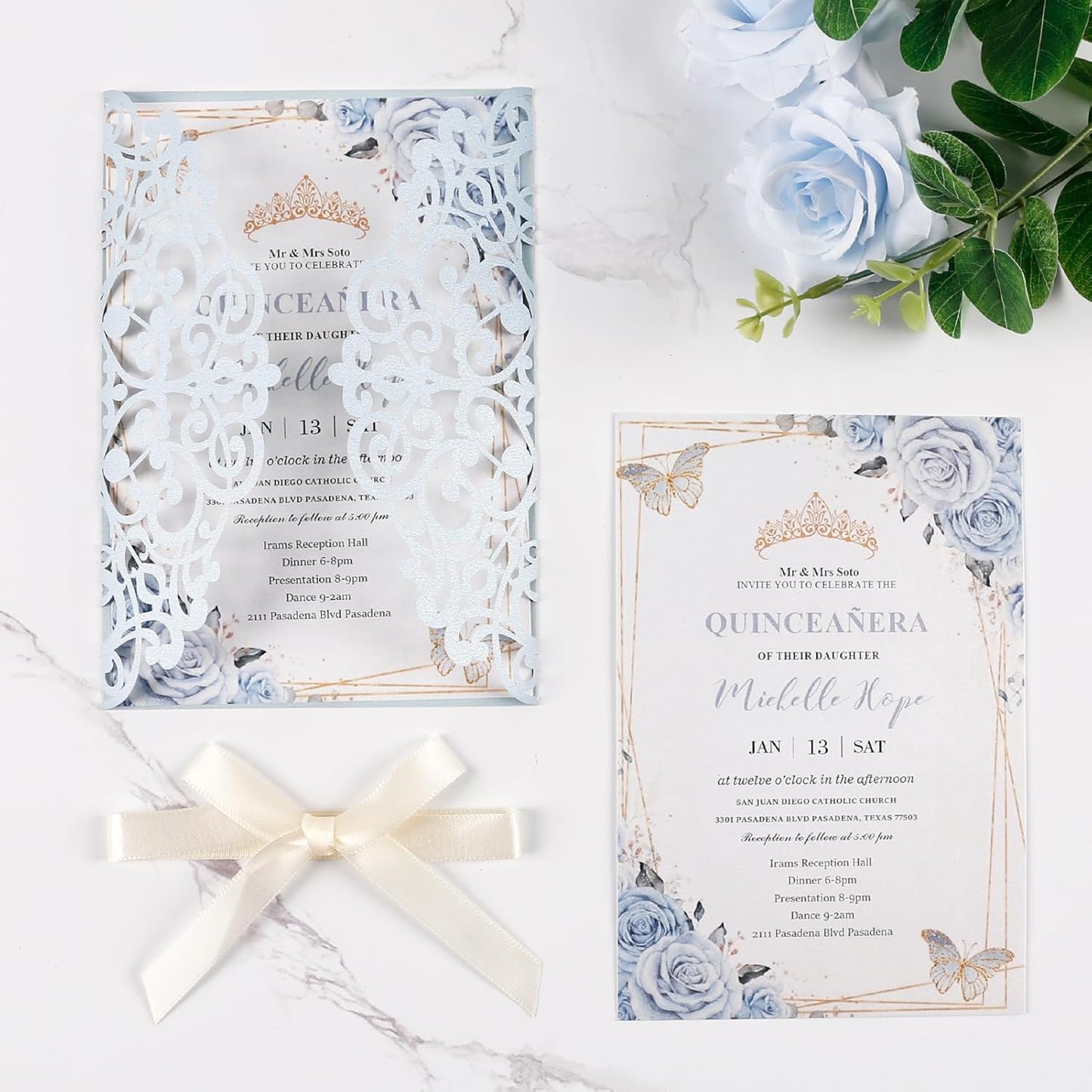 50pcs Laser Cut Wedding Invitation Pockets 5x7 '' Dusty Blue Wedding Invitations Kit With Envelopes Blank Inner Sheet and Ribbon for Wedding Bridal Shower Quinceanera Engagement Party Invite