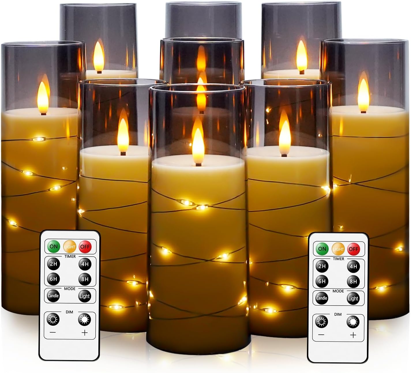 Flameless LED Candles with Timer 9 Pc Flickering Flameless Candles for Romantic Ambiance and Home Decoration Stable Acrylic Shell,with Embedded Star String，Battery Operated Candles（Grey）