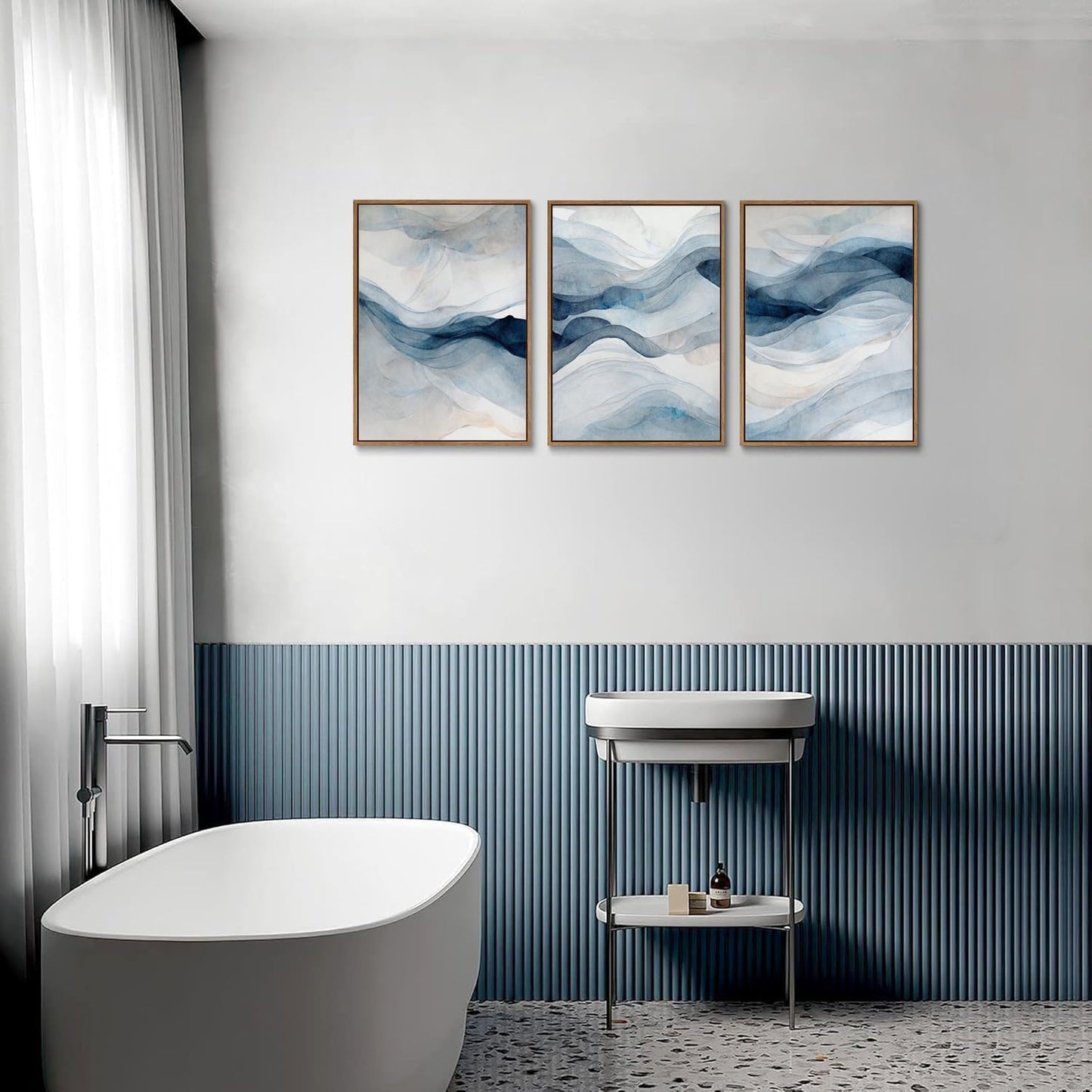 myusuar 3 Piece Large Abstract Framed Wall Art For Living Room, Smoke Texture Ink Navy Blue Canvas Wall Art Modern Minimalist Art Prints Wall Décor For Bedroom Office 12x16in