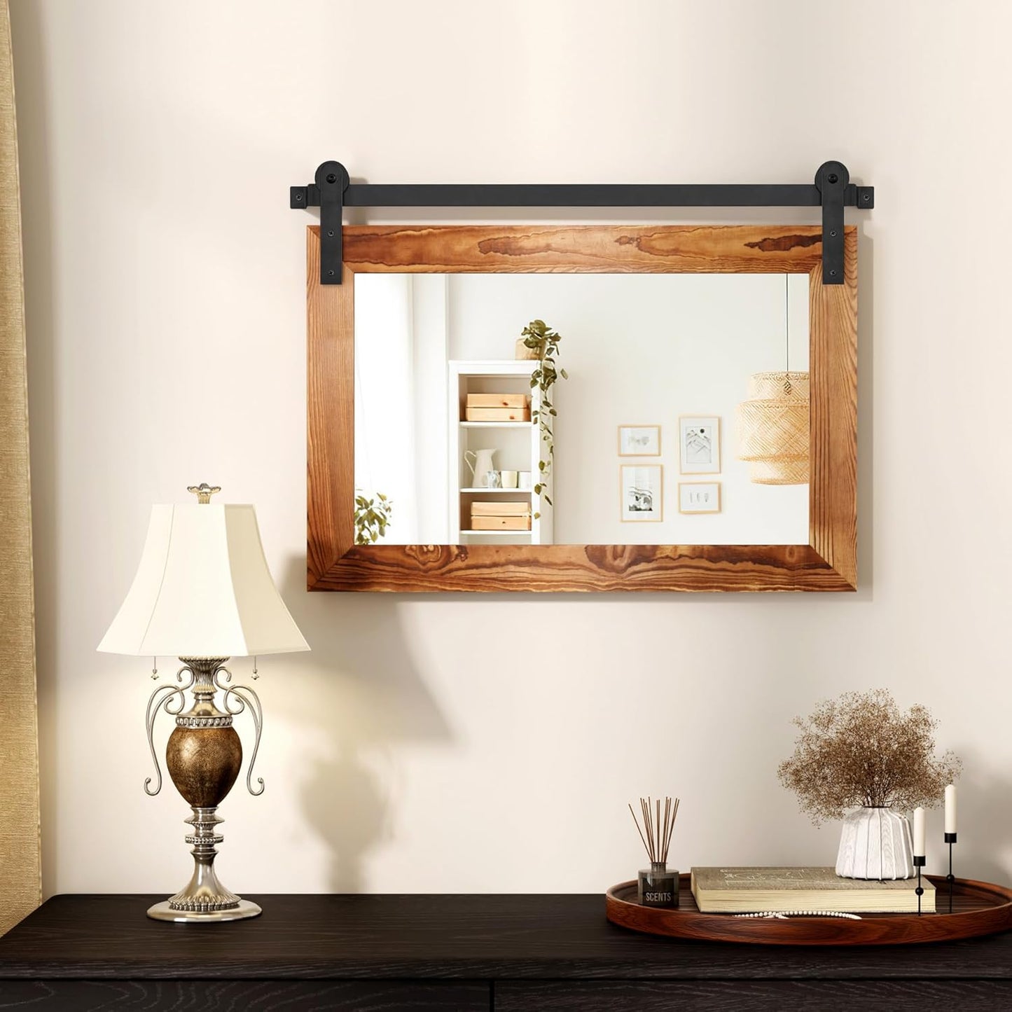 COGOOD Farmhouse Barn Door Mirror - 25 X 18 Rustic Wood Framed Decrative Mirror for Bathroom, Living Room, Entryway Wall Decor (Brown)