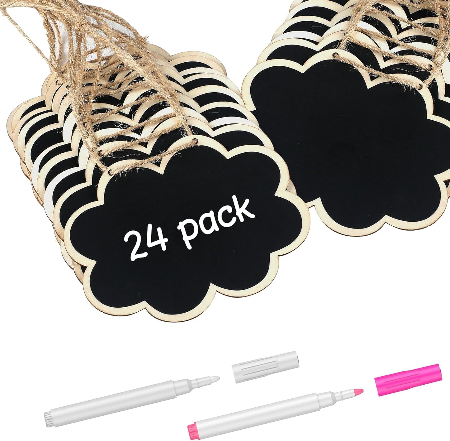 Uniclife 24 Pack Mini Chalkboard Signs for Food, Small Chalkboard Signs with Strings Chalk Markers & Replacement Stickers, Hanging Chalkboards Sign Reusable Wooden Food Labels for Party Buffet Wedding