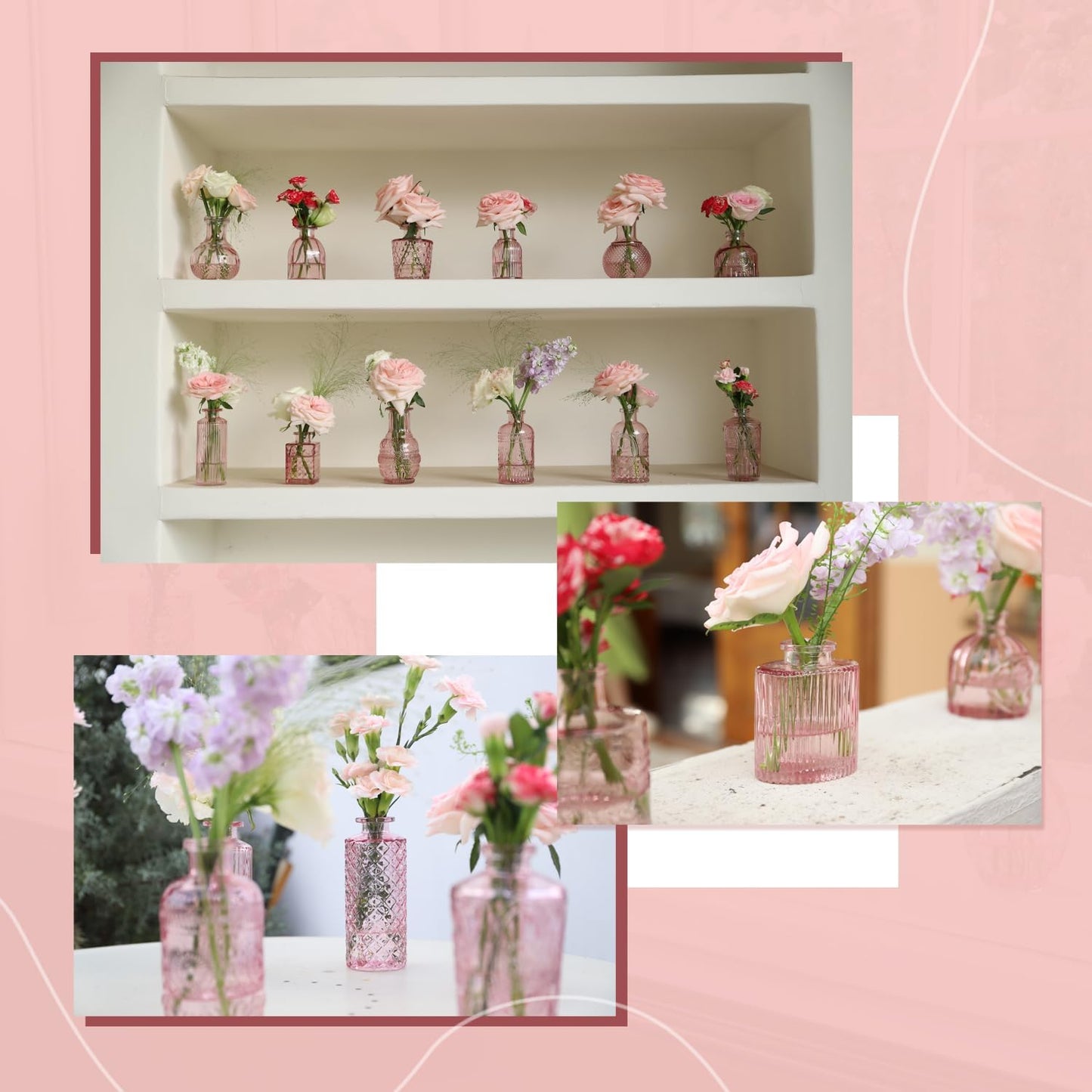 Pink Glass Bud Vase Set of 22, Small Vases for Flowers, Clear Glass Vases for Centerpieces, Mini Bud Vases in Bulk Rustic Wedding Decorations, Centerpieces, Vintage Look Home Table Flower Decor