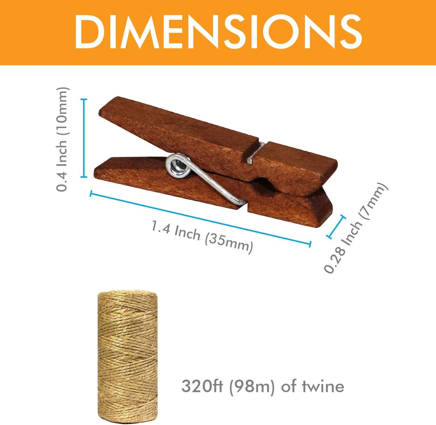 Mini Natural Wooden Clothespins with Jute Twine, 100pcs, 1.4 Inch Photo Paper Peg Pin Craft Clips with 320ft Natural Twine for Scrapbooking, Arts & Crafts, Hanging Photos (Rustic Brown)