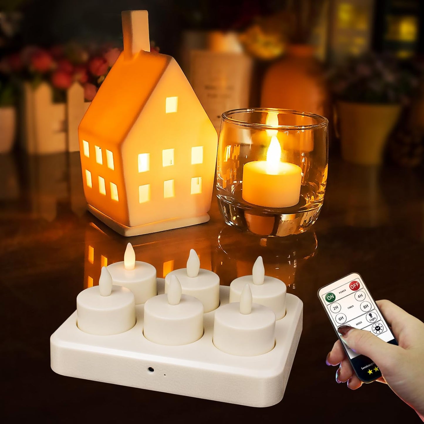 HL Flameless Candles with Remote & Charging Base,6pcs 50+Hours Rechargeable Battery Operated Tea Lights Timer Candles, LED Votive TeaLights Yellow Light for Halloween Christmas Table Centerpiece