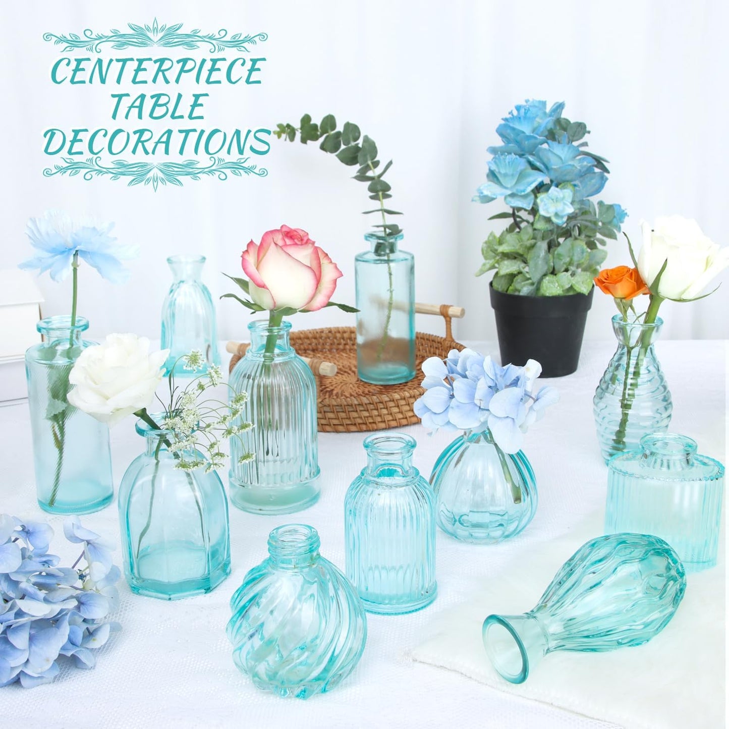 Bud Vases Set of 12, Blue Glass Vase Small Vintage Flower Vase for Decor Ribbed Glass Bud Vases in Bulk Wedding Decor Bridal Shower Party Centerpieces Home Room Table Decorations