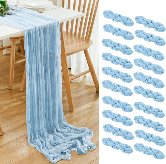 20 Pack Light Blue Cheesecloth Table Runner 17x108 Inch Boho Wrinkled Sheer Gauze Cheese Cloth Table Runner Bulk Decor for Wedding, Bridal Shower, Birthday Party