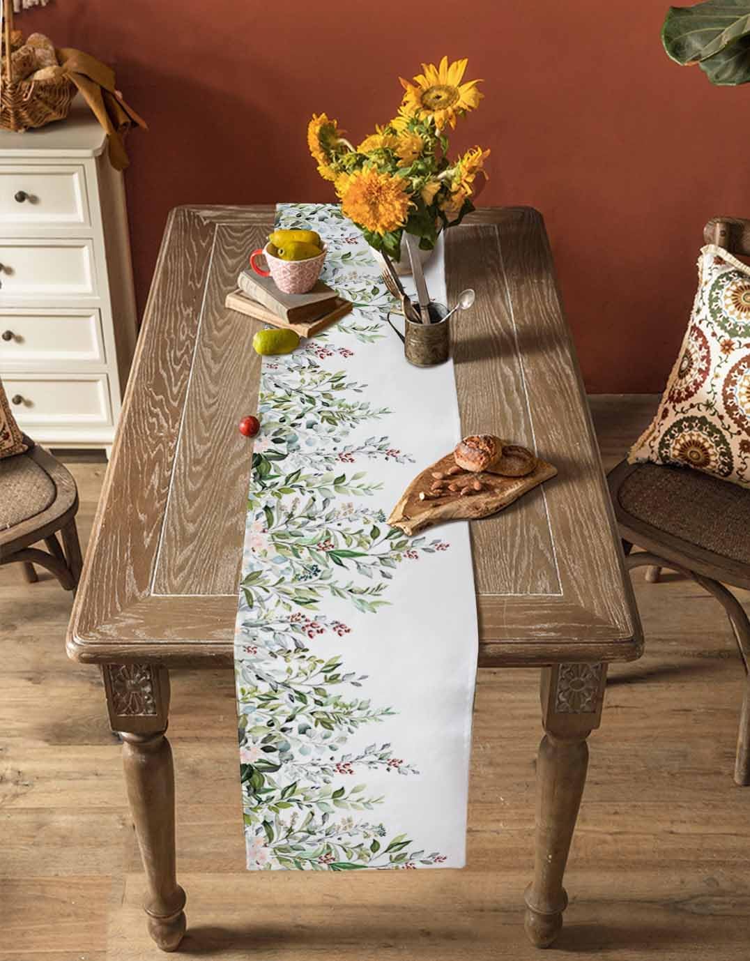 Botanical Eucalyptus Cotton Linen Table Runner for Dining Kitchen, Wedding Outdoor Party Tablerunners Decoration, Sage Green Leaves Elegant Floral Dresser Scarf Coffee Tablecloth Runners 13x36 Inches