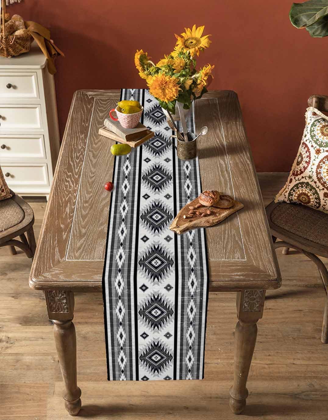Aztec Southwest Cotton Linen Table Runner for Dining Kitchen, Wedding Outdoor Party Tablerunners Decoration, Boho Ethnic Tribes Vintage Grey Dresser Scarf Coffee Tablecloth Runners 13x90 Inches