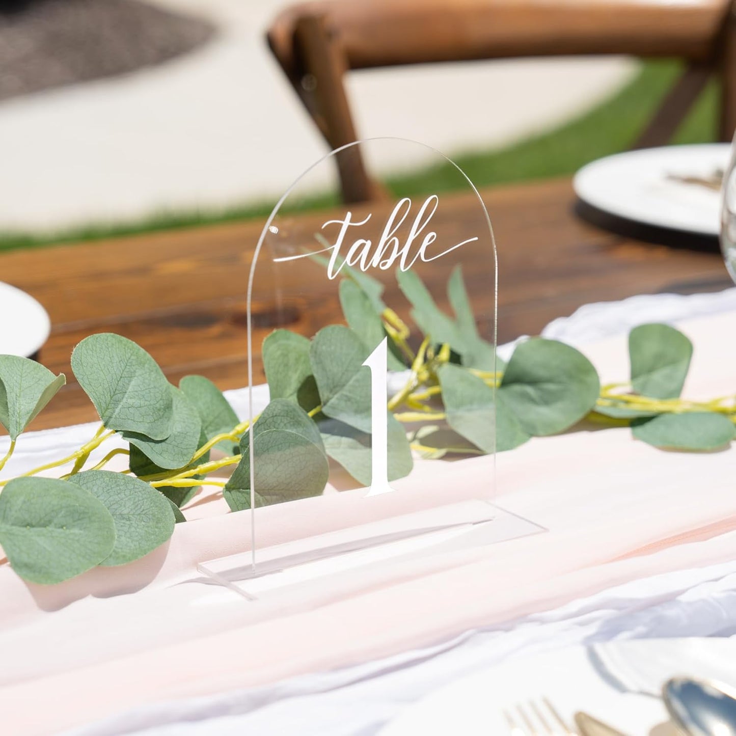 Clear Arch Acrylic Table Numbers for Wedding Reception - 5" x 7" White Font Centerpiece Set with Holder Stands & Head Table Sign - Anniversary, Event, Party, Wedding set 1-10