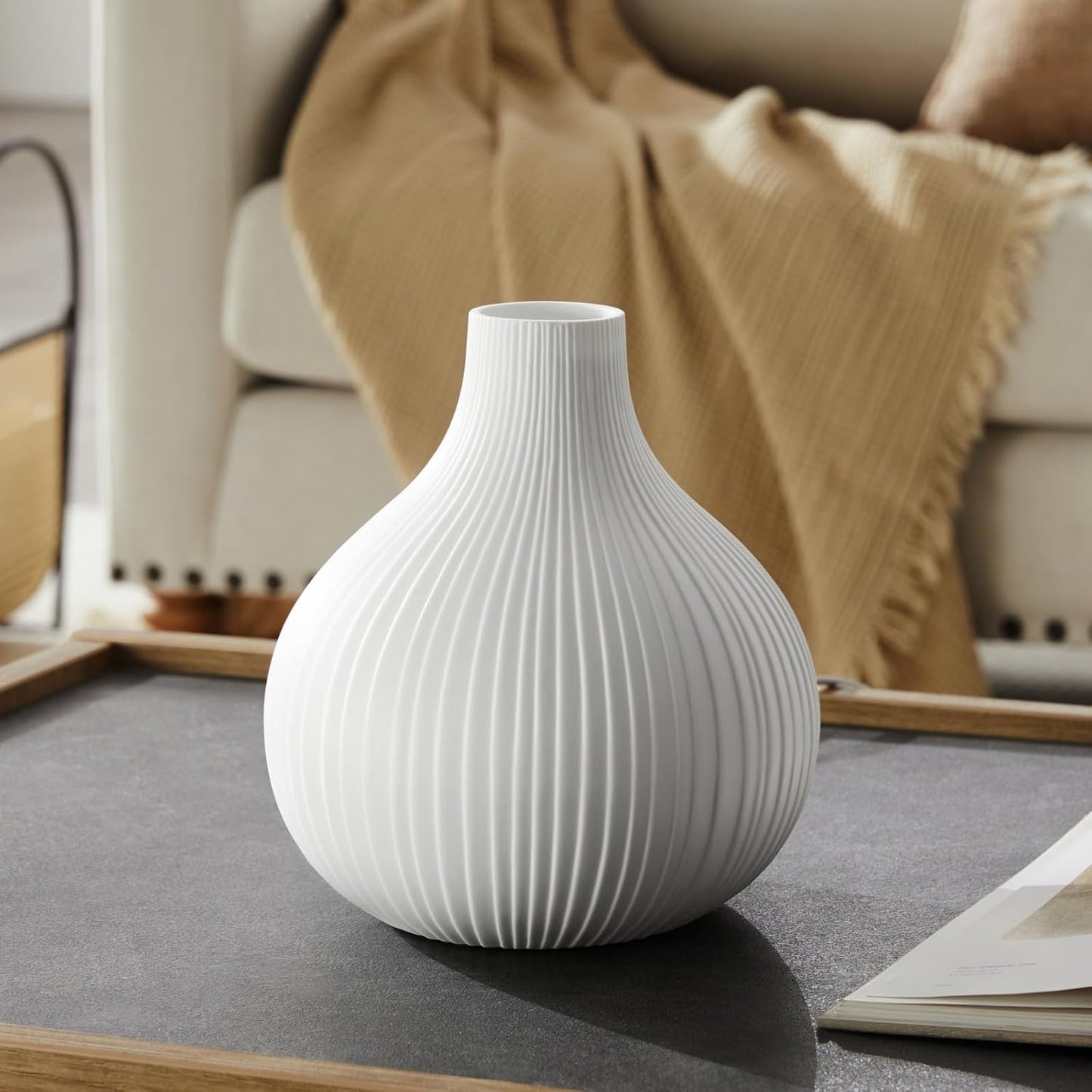 RONDURE 8.7" Modern Ceramic Table Lamp, Modern Bedside Lamps for Bedroom, Living Room and Nightstand, White Translucent Ceramic Shade, Warm Ambient Lighting, Home Decor