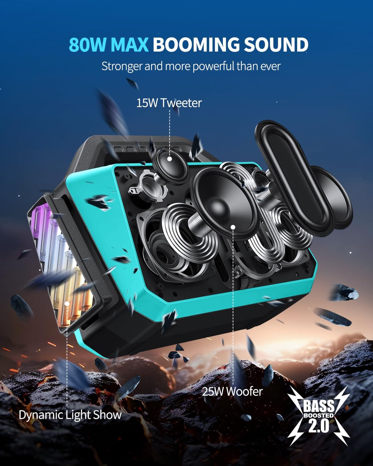 Powerful 80W Outdoor Bluetooth Speaker: IPX6 Waterproof, Rugged, 20H Playtime, Deep Bass, Lightshow, TWS, BT 5.3 Wireless, Portable for Travel Hiking Camping Beach Pool - Teal