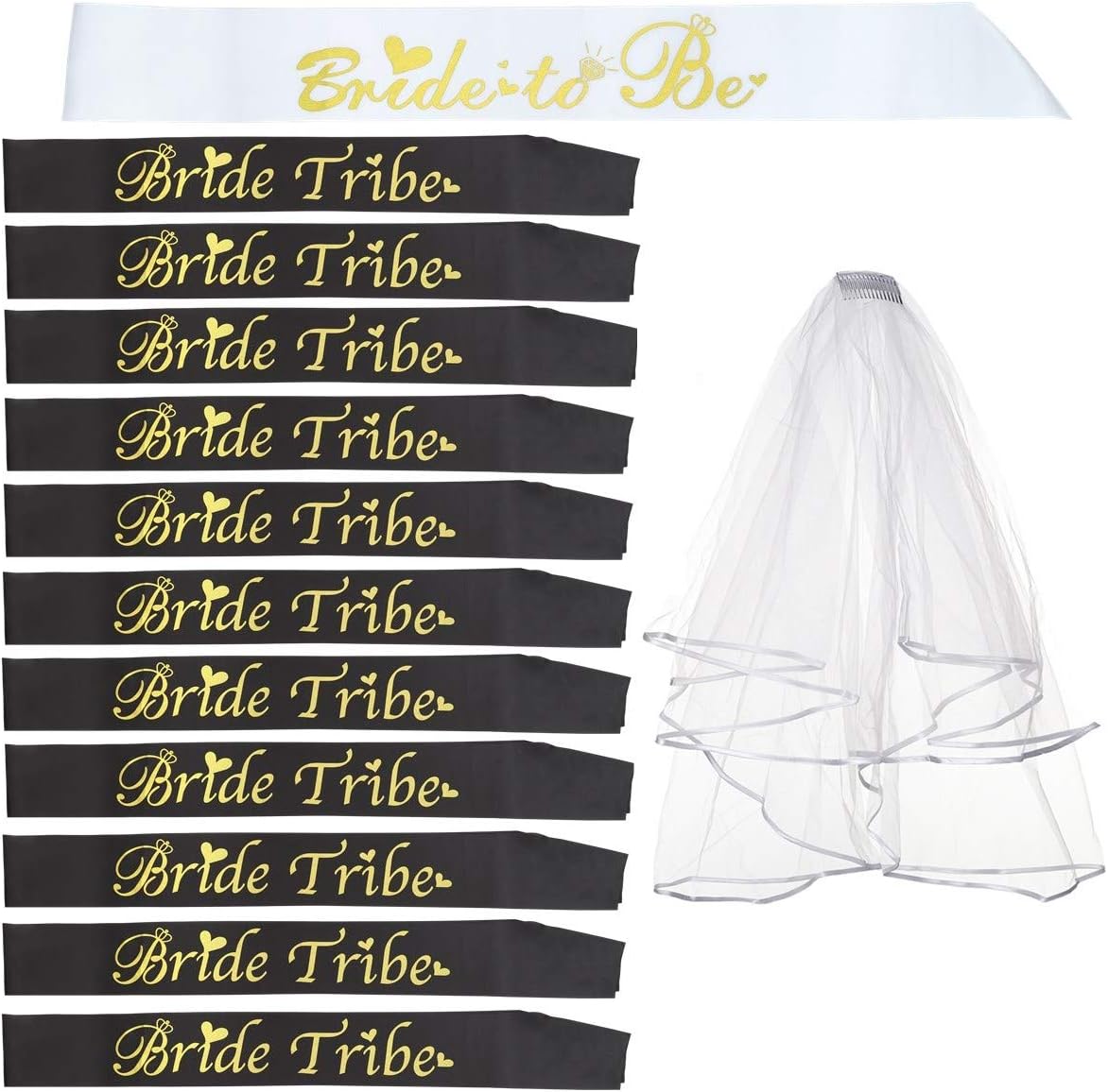 Bride Tribe Bridesmaids Sashes Sets Bachelorette Party Decorations Supplies Bridal Shower Favors Gift (Black, 12 Sash with 1 Veil)