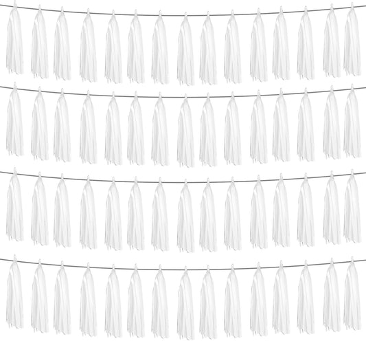 4P White Foil Fringe Metallic Tassel Streamers Banner Tassel Garland for Parade Floats, Graduation, Wedding, Birthday, Halloween, Christmas, Bridal/Baby Shower Party Decorations