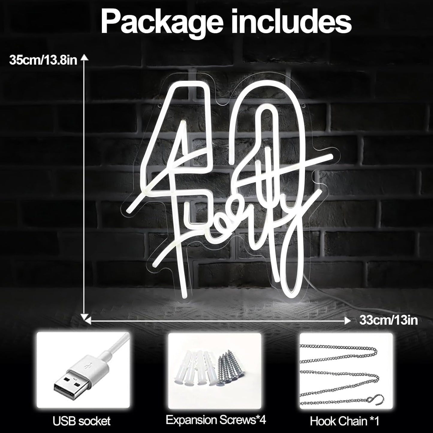 White Forty Neon Sign 40 Year Old Birthday Neon Sign Birthday Gift For 40 Year Old Woman Led Night Light For Wedding Engagement Banquet Anniversary Party Decor Gift For Girl Wife Lover(USB Sign)