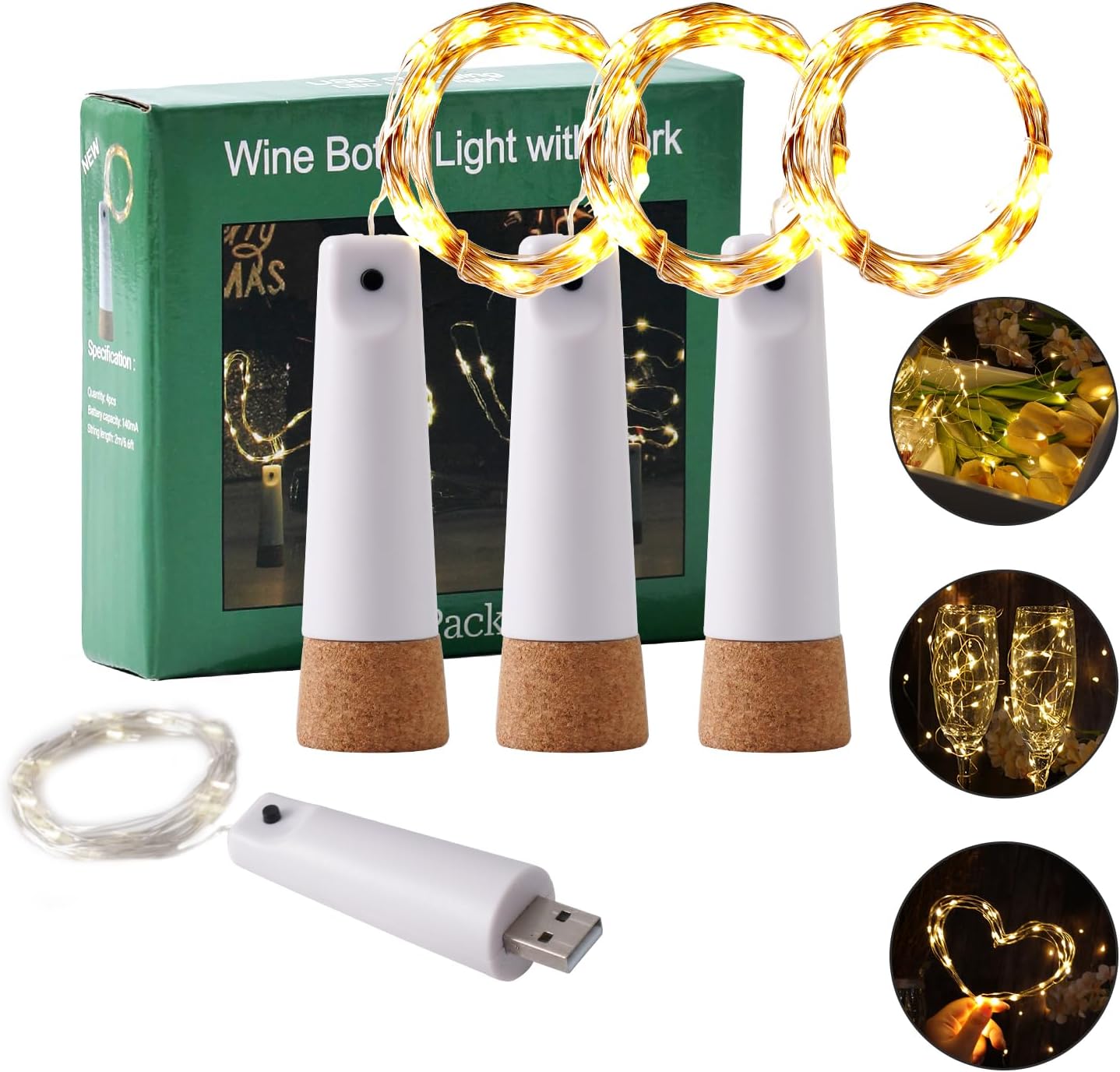 Wine Bottle Lights - 4 Pack Rechargeable Battery Operated 140mAh 20 LED Bottle Stoppers，8 Light Modes Switching,Perfect for Christmas, Weddings, Halloween, and More(Warm)