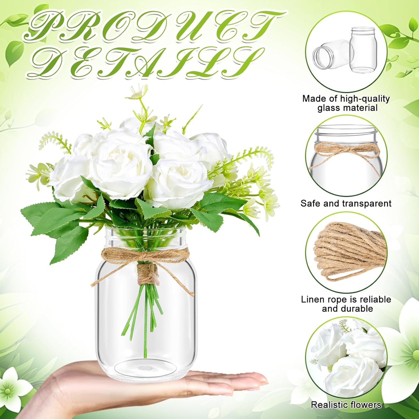 6 Set Centerpiece Table Decorations Mason Jar Table Centerpiece with Flower Mason Jar Wedding Centerpieces Vases Decor for Reception Engagement Party Bridal Shower (White Rose)
