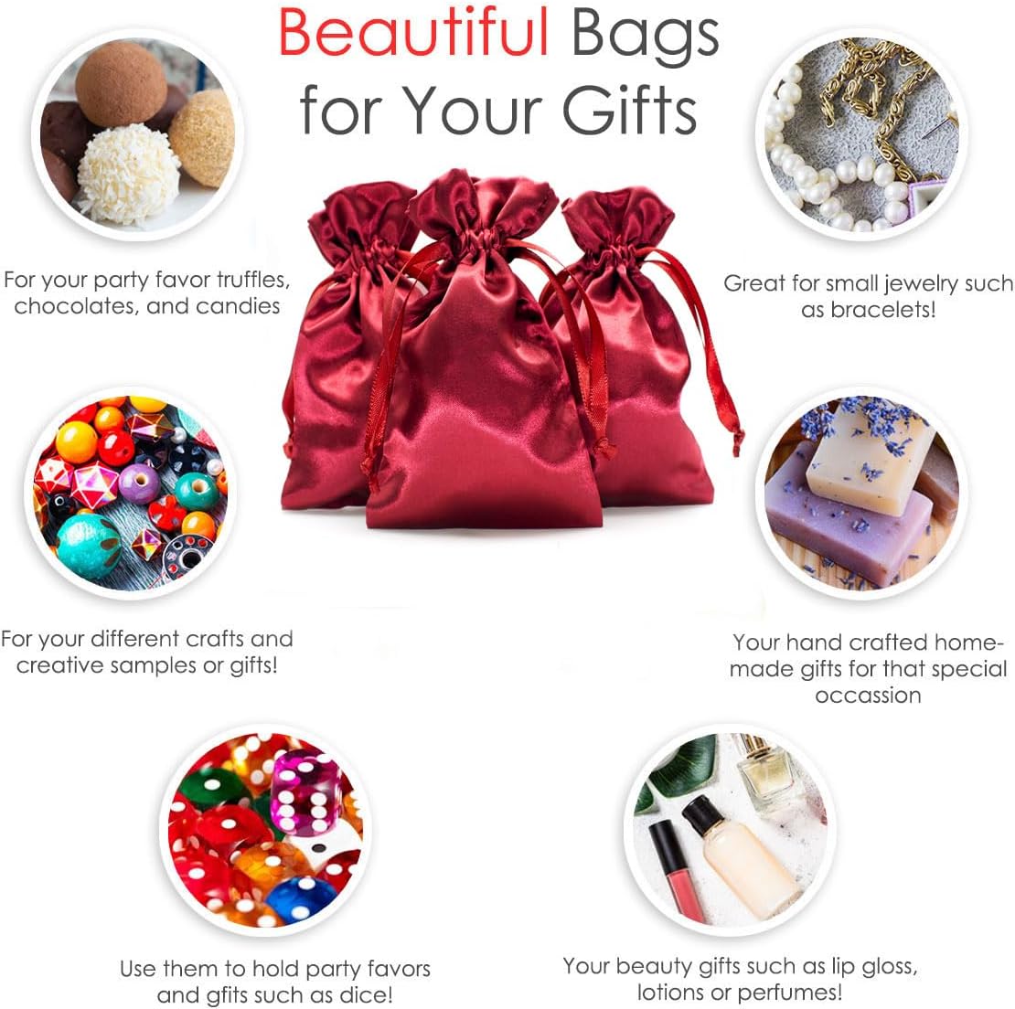 Knitial 5" x 8" Burgundy Satin Gift Bags, Jewelry, Wedding Favor Drawstring Bags Baby Shower Christmas 50 Count