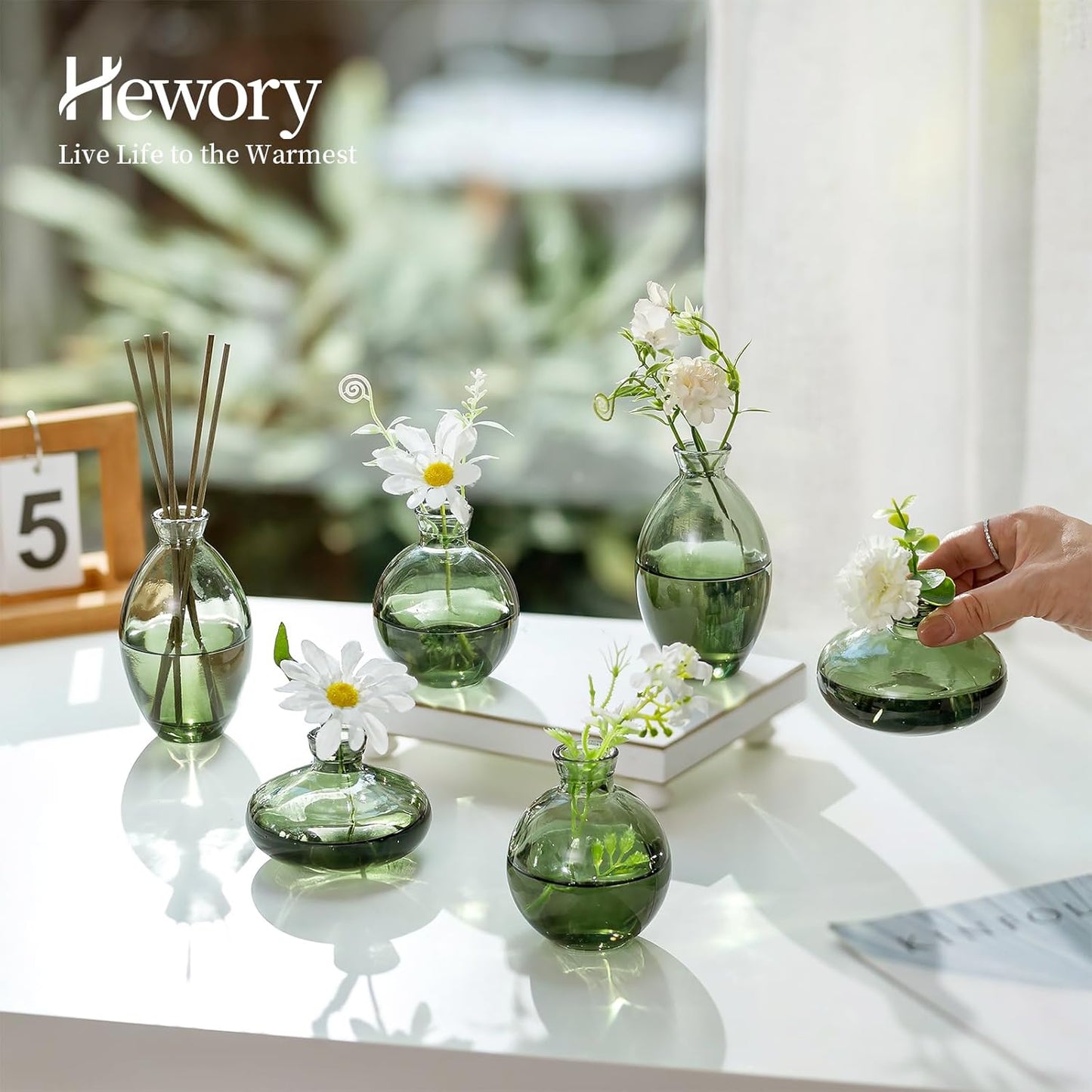 Hewory Glass Bud Vases for Centerpieces: Set of 12 Cute Green Small Vases Handmade, Mini Flower Vase for Floral Arrangement, Tiny Decorations for Home Office Wedding Reception Party Events Table Decor