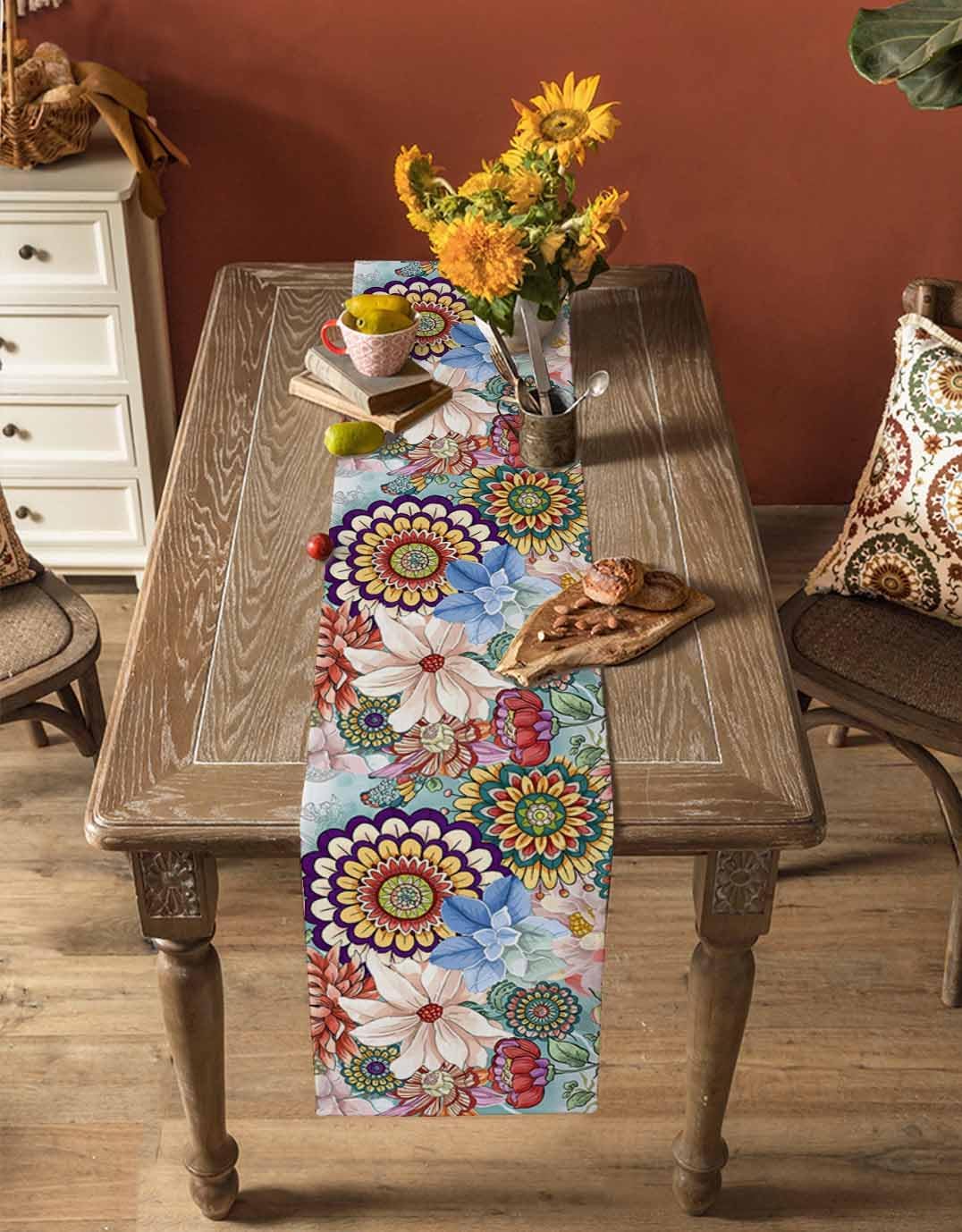 Boho Flowers Cotton Linen Table Runner for Dining Kitchen, Wedding Outdoor Party Tablerunners Decoration, Colorful Floral Farm Vintage Botanical Dresser Scarf Coffee Tablecloth Runners 13x90 Inches