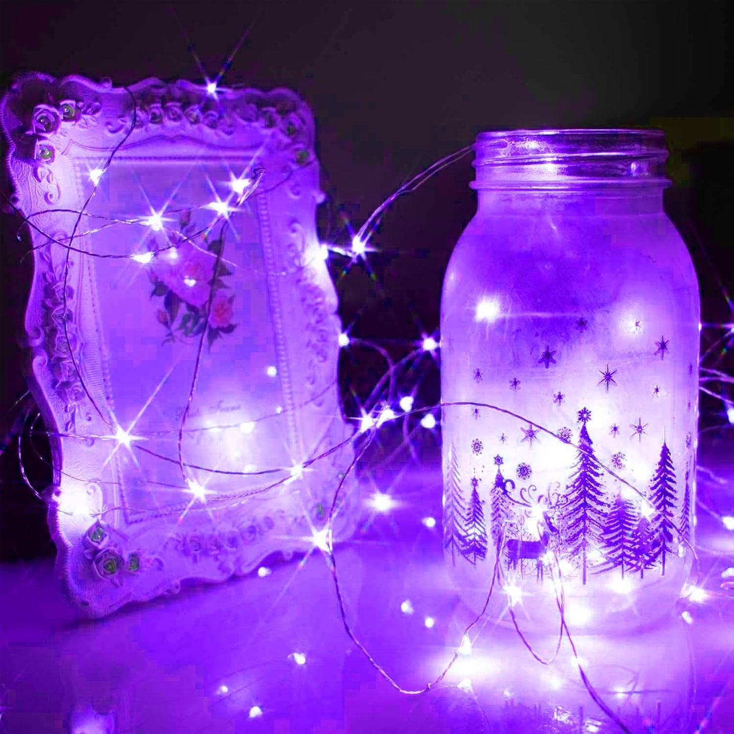 24 Pack LED Fairy Lights Battery Operated 7Ft 20Led Mini String Lights Waterproof Christmas for Mason Jars Bedroom DIY Party Wedding Christmas Decor Purple